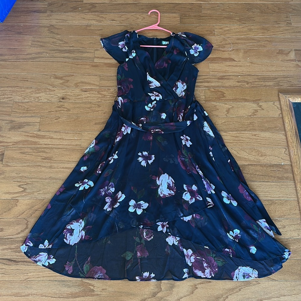 DKNY Navy Blue and Dress with Flutter Sleeves